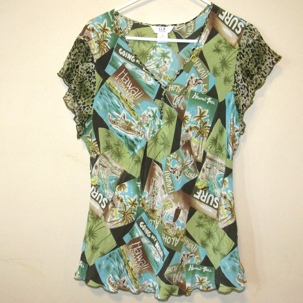 Vtg SLB 100% Silk Hawaii Postcard Surf Romance Palm Tree Print Top Plus sz 1X